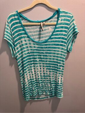 Calvin Klein Striped Scoop Neck Tee - Teal & White women’s size large